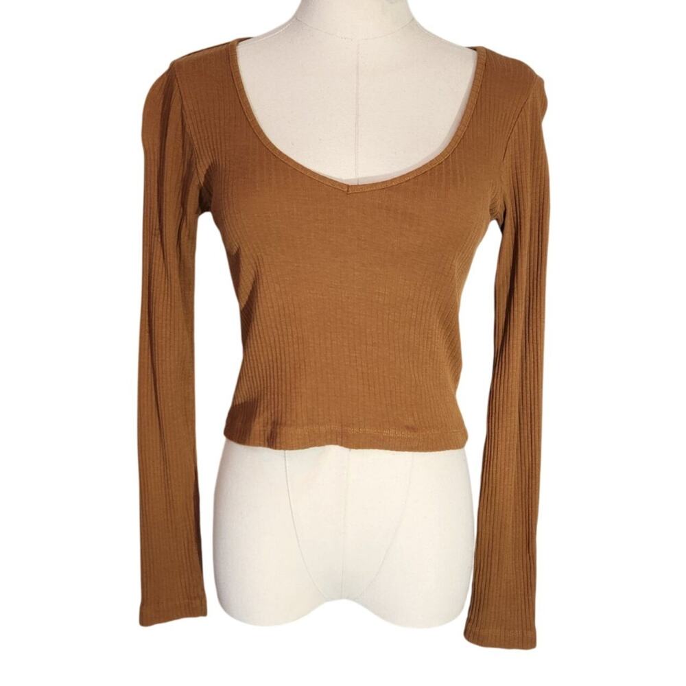 Topshop Brown Ribbed Knit Crop Top Long Sleeve Scoop Neck Minimalist Size 4